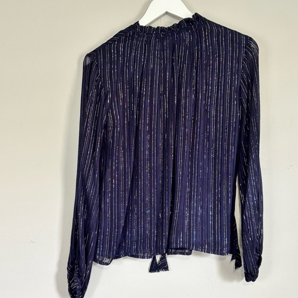 ANTHROPOLOGIE SEEN WORN KEPT Women’s Navy Blue Metallic Stripe Button Up Top 2 - Picture 2 of 12